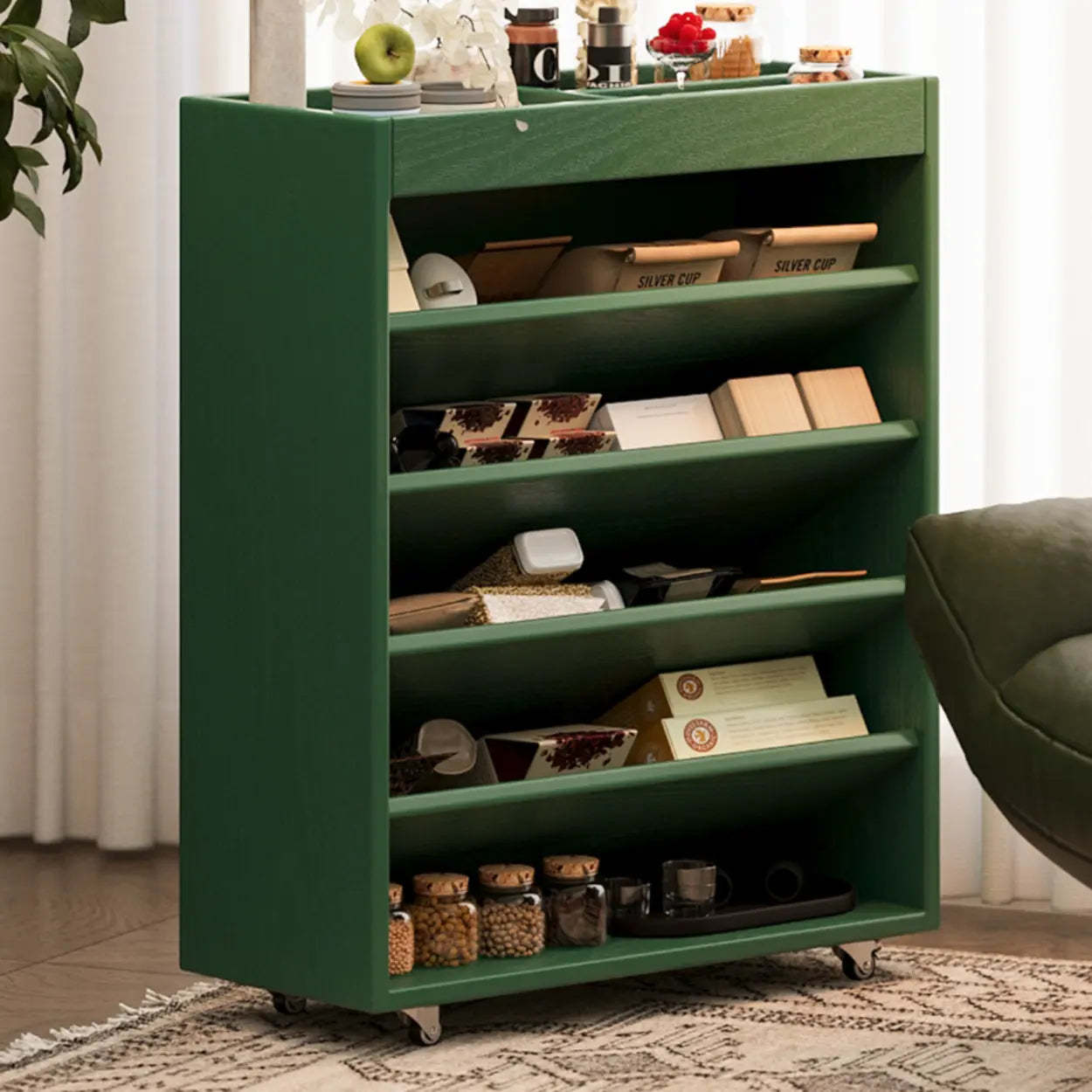 Contemporary Mobile Wood Angled Bookshelf Cart — Black
