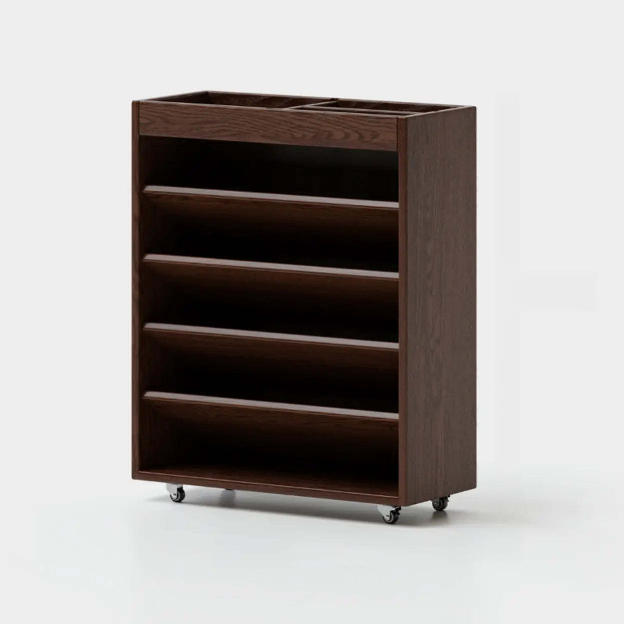 Contemporary Mobile Wood Angled Bookshelf Cart — Cherry Wood