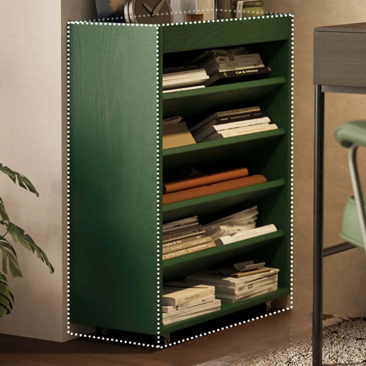 Contemporary Mobile Wood Angled Bookshelf Cart — Nut/Brown