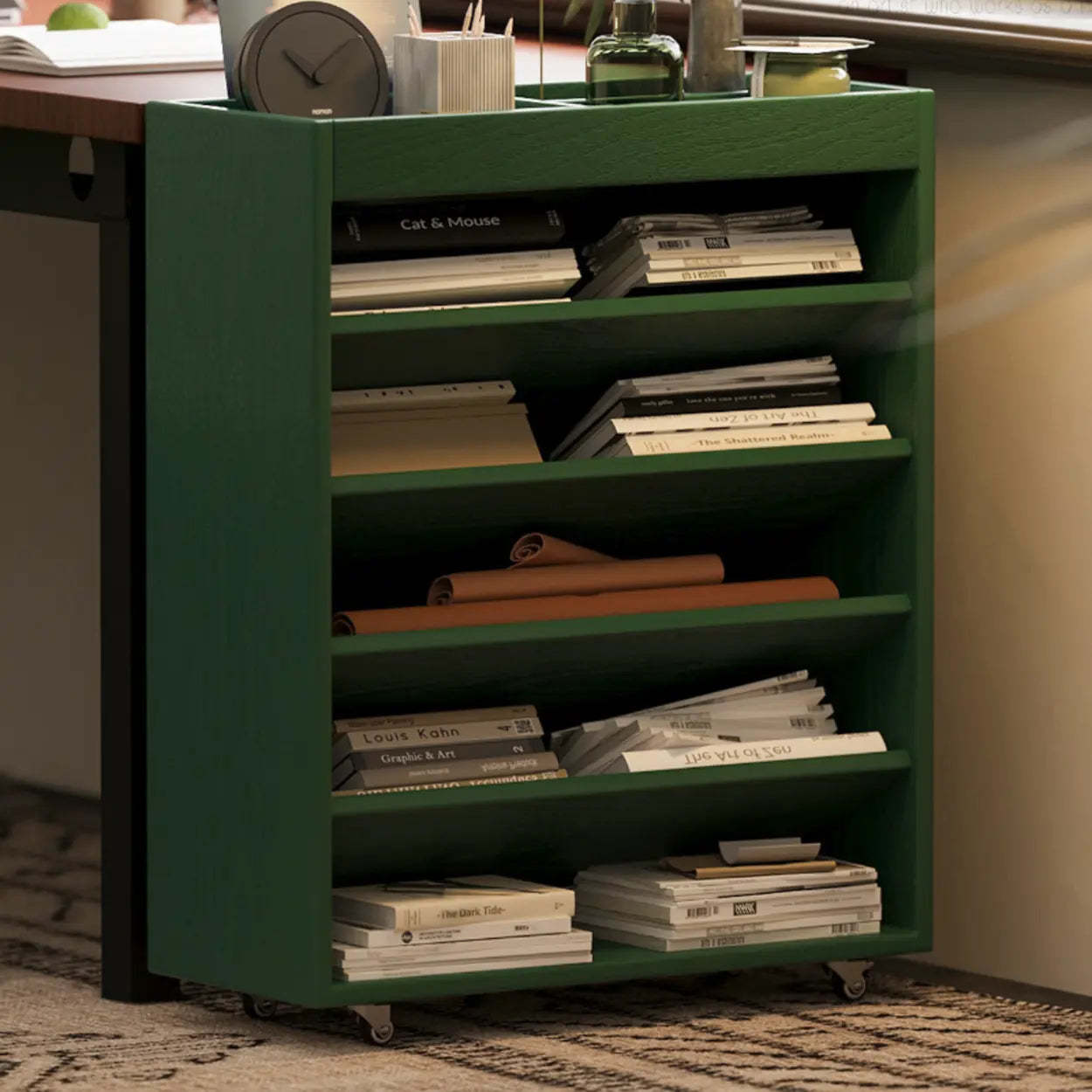 Contemporary Mobile Wood Angled Bookshelf Cart