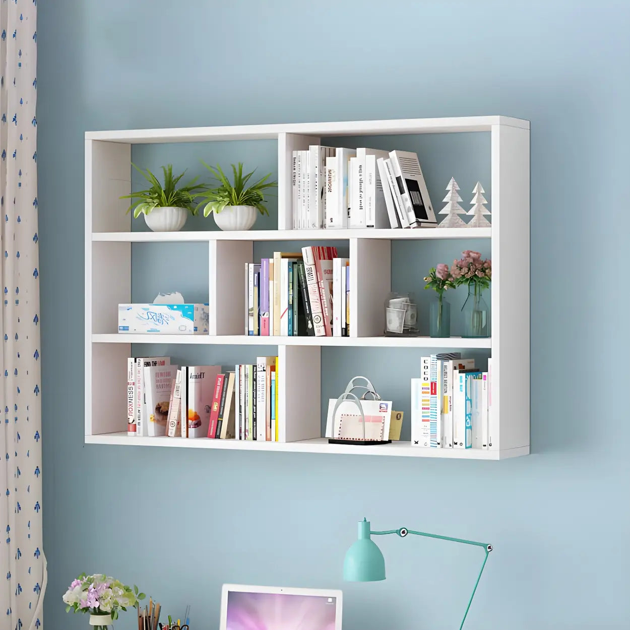 Wall-Mounted Rectangular Bookshelf — Natural Finish / Geometric