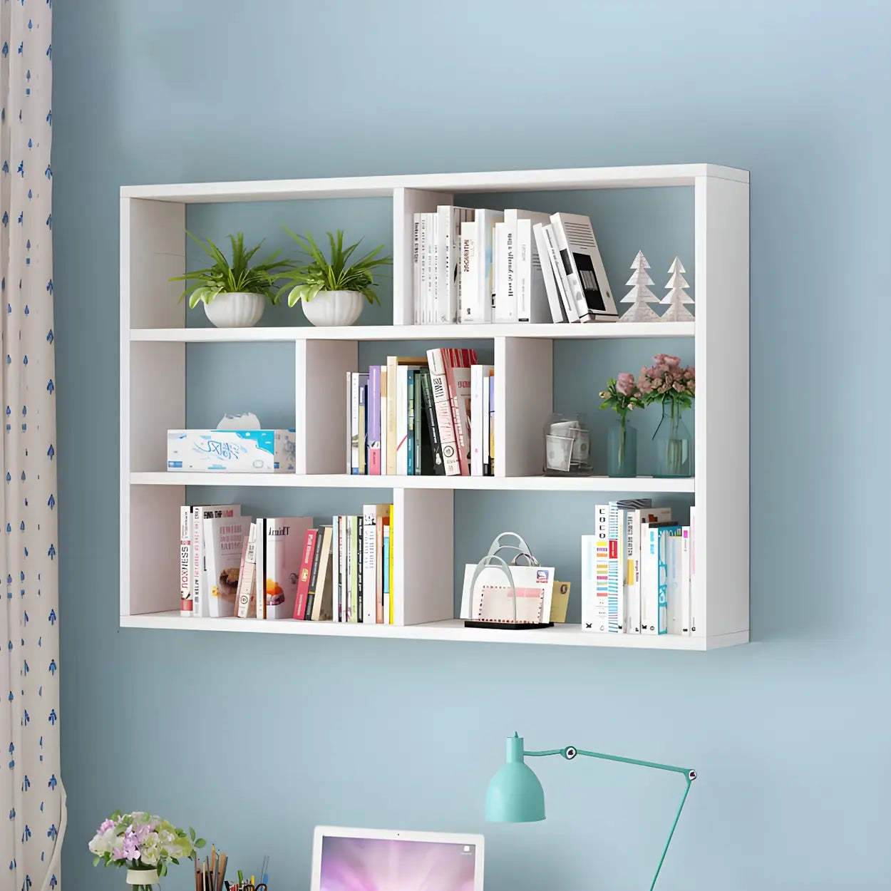 Wall-Mounted Rectangular Bookshelf — Natural Finish / Geometric