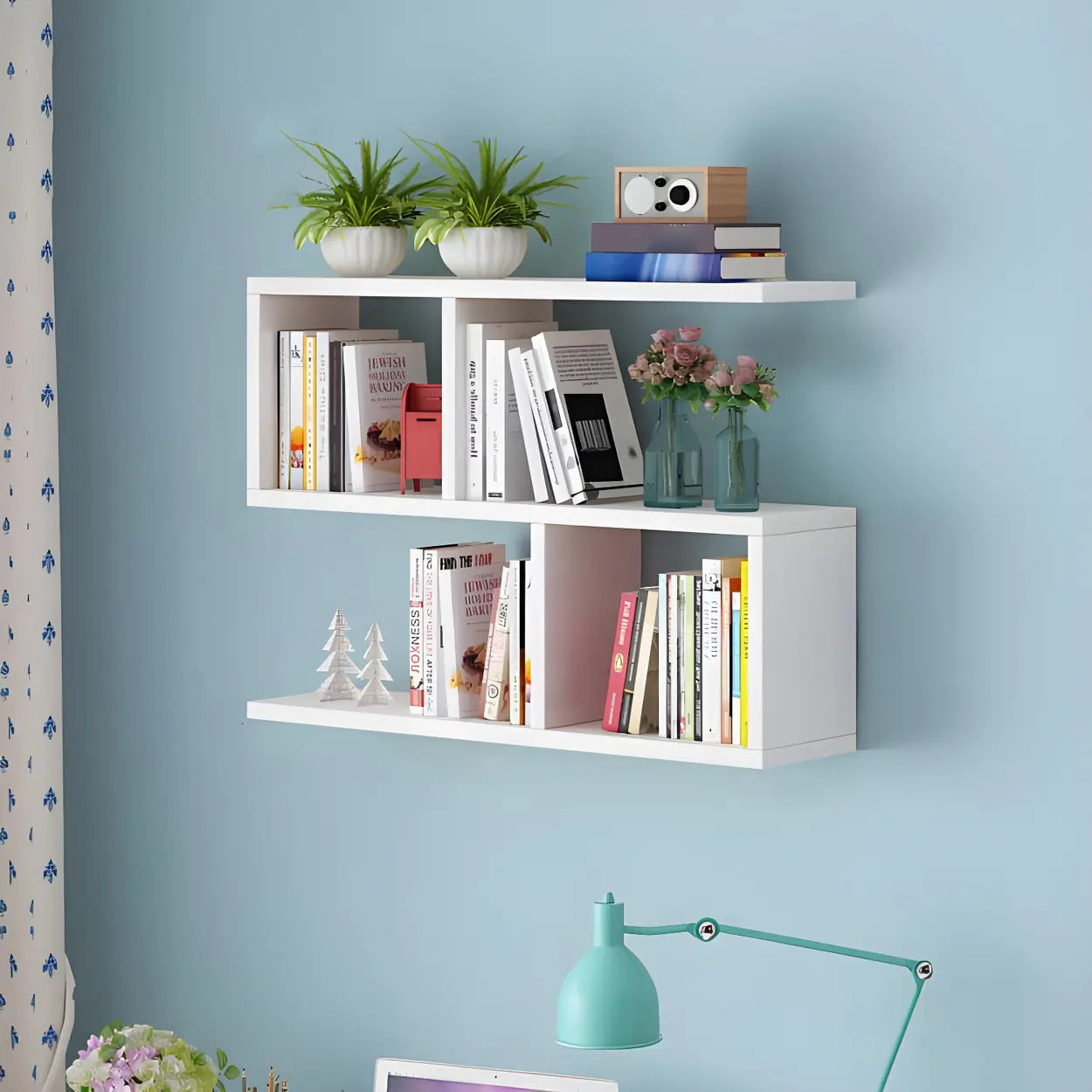 Wall-Mounted Rectangular Bookshelf — Natural Finish / Geometric