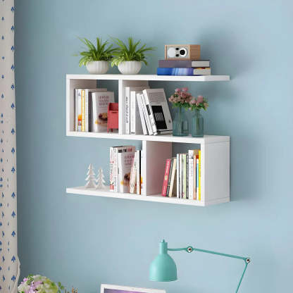 Wall-Mounted Rectangular Bookshelf — Natural Finish / Geometric