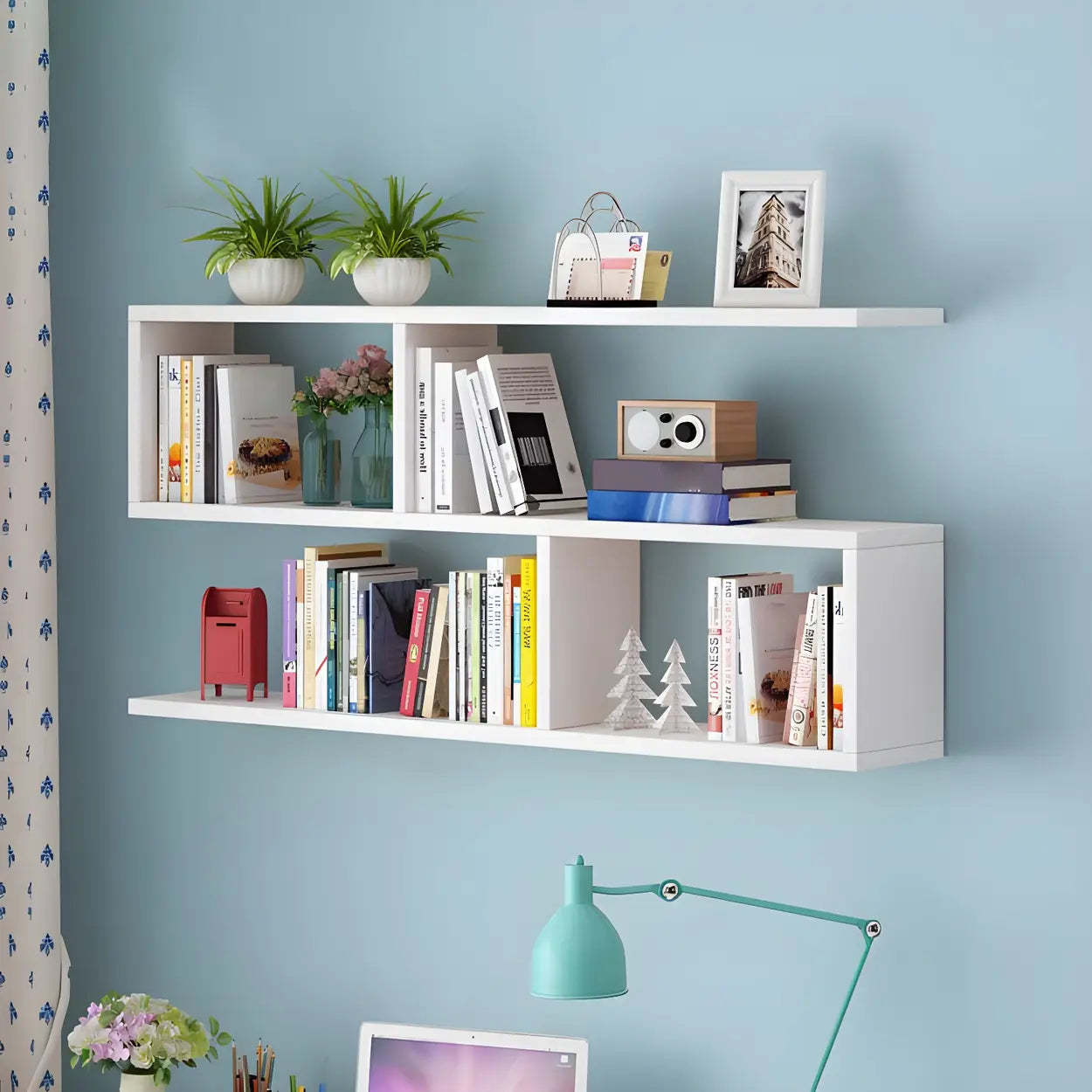Wall-Mounted Rectangular Bookshelf — White / Cube