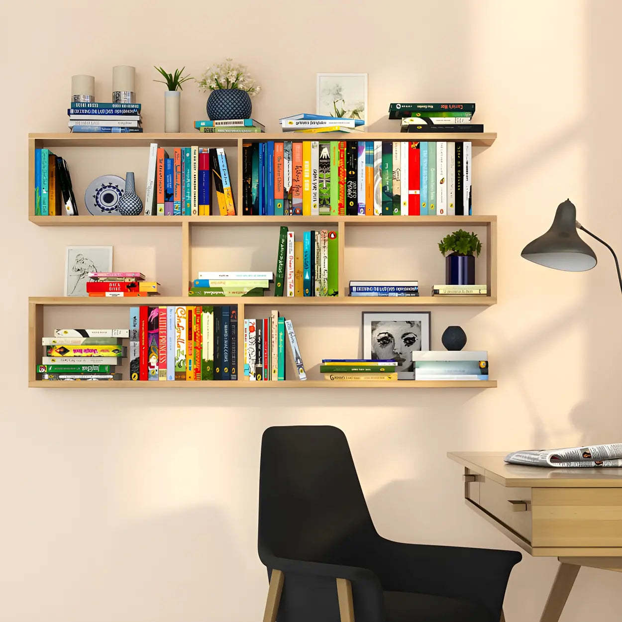 Wall-Mounted Rectangular Bookshelf — White / Geometric