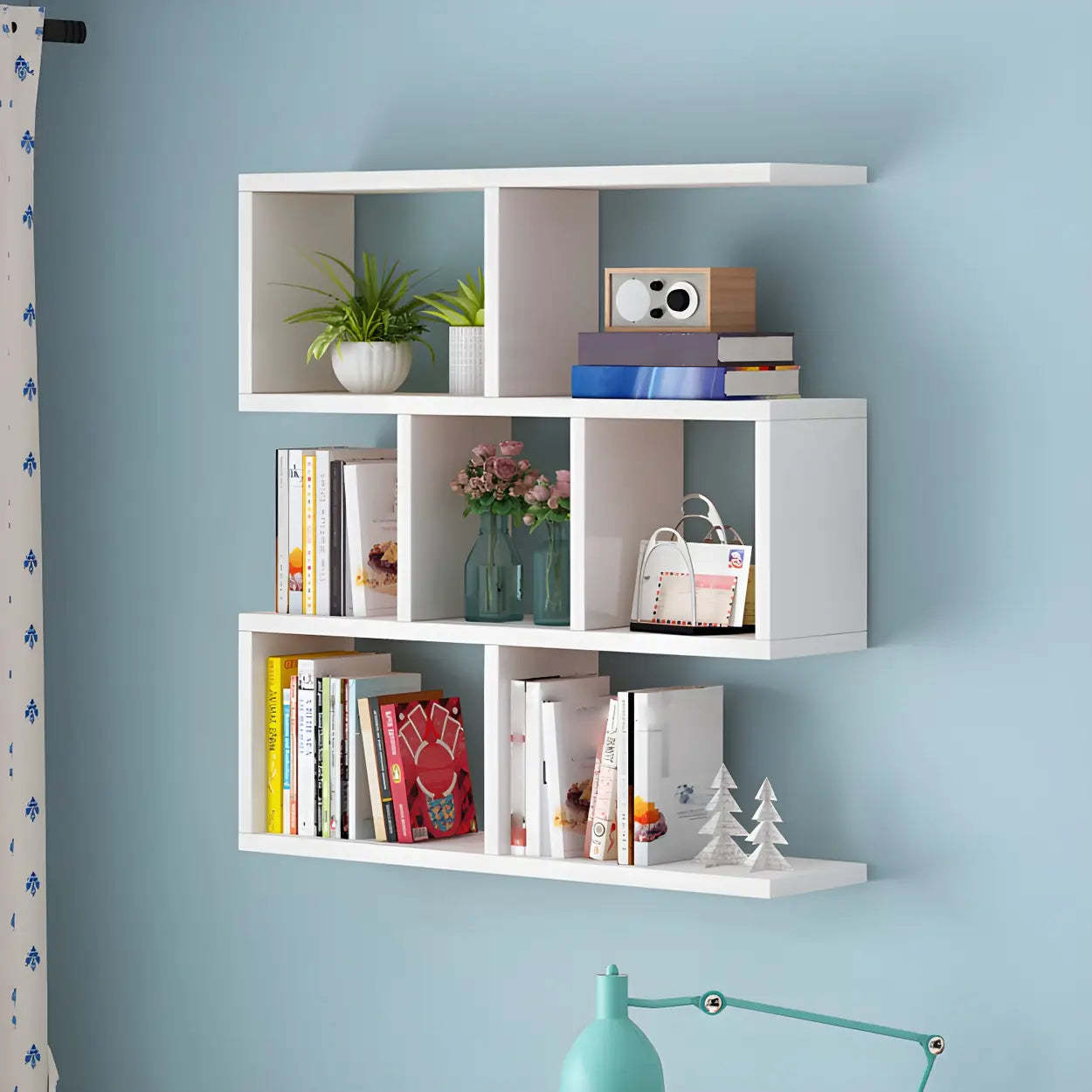 Wall-Mounted Rectangular Bookshelf — White / Geometric