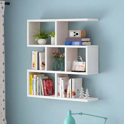 Wall-Mounted Rectangular Bookshelf — White / Geometric