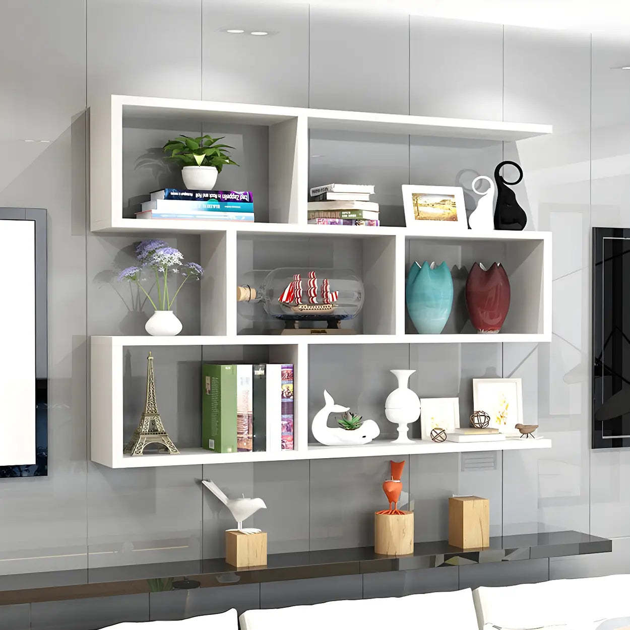 Wall-Mounted Rectangular Bookshelf — Natural Finish / Cube