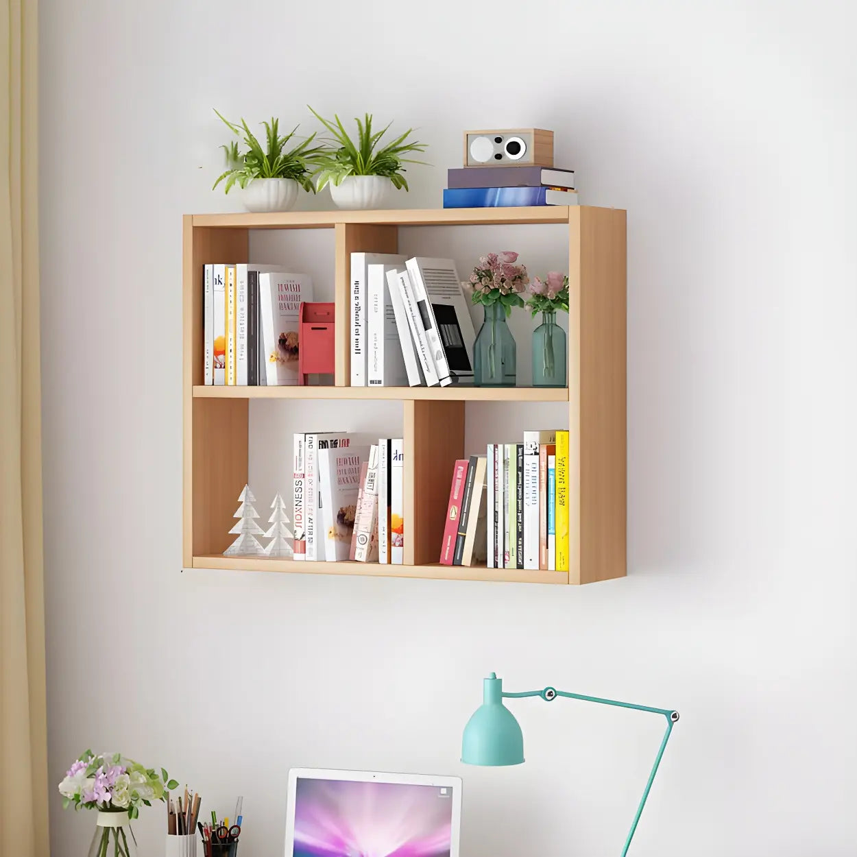 Wall-Mounted Rectangular Bookshelf — White / Geometric