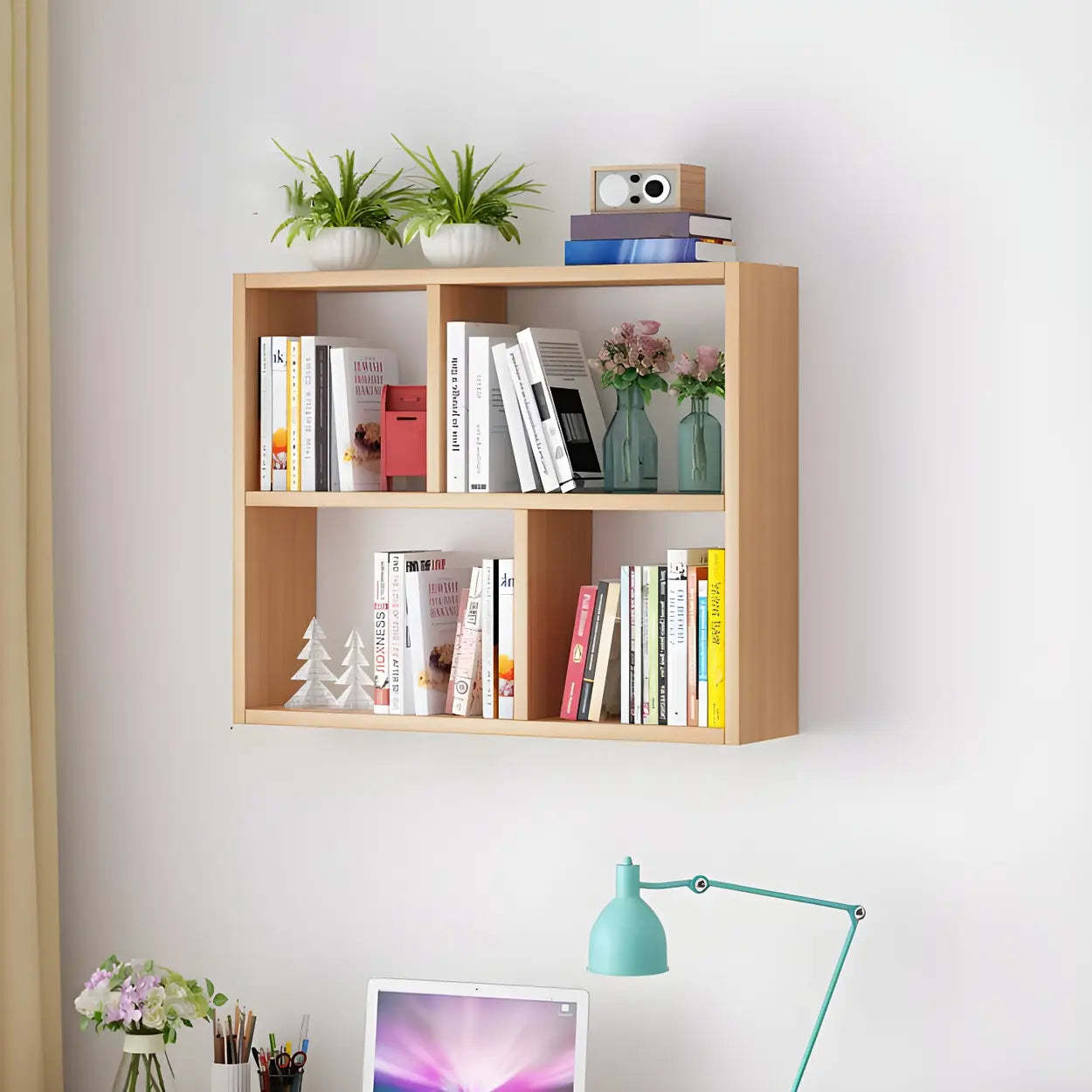 Wall-Mounted Rectangular Bookshelf — White / Geometric