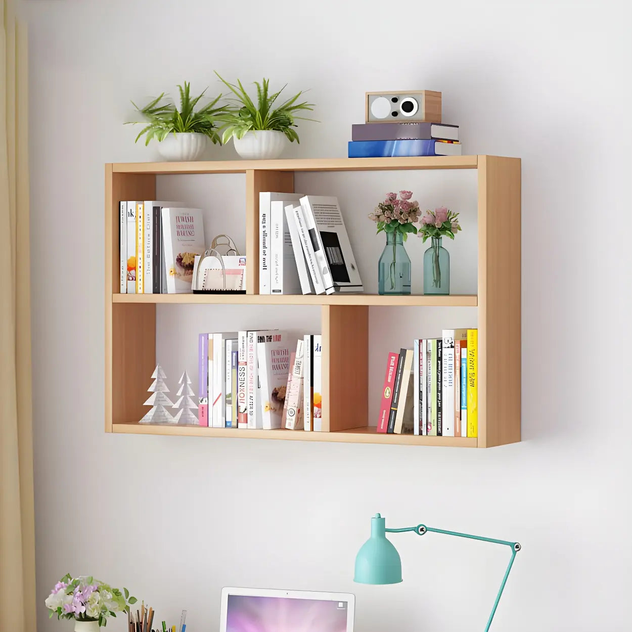 Wall-Mounted Rectangular Bookshelf — White / Geometric