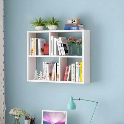 Wall-Mounted Rectangular Bookshelf — Natural Finish / Cube