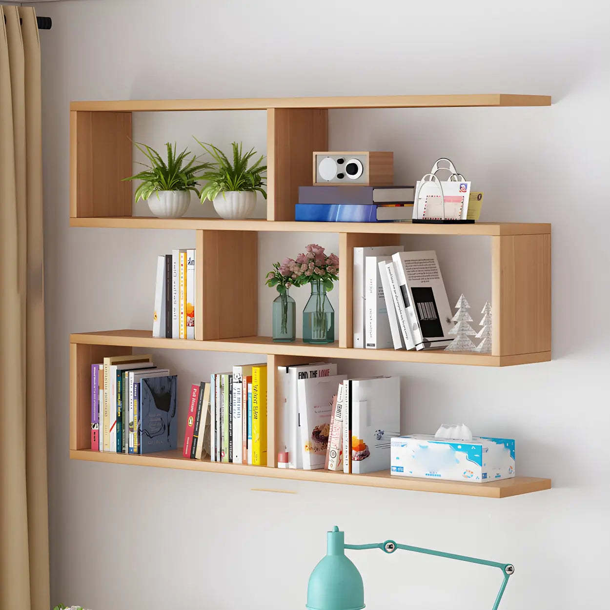 Lighom modern bookshelf wall-mounted white bookcases — 47"L x 8"W x 38"H / Geometric / Natural