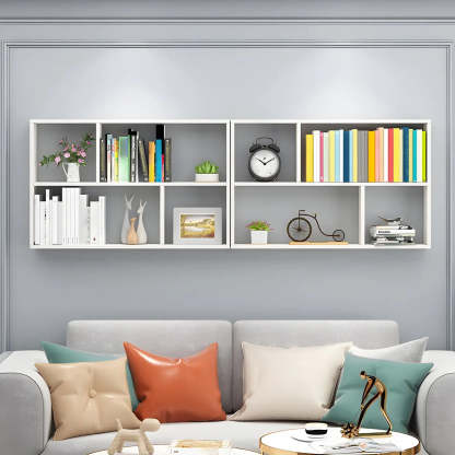 Wall-Mounted Rectangular Bookshelf — Natural Finish / Cube
