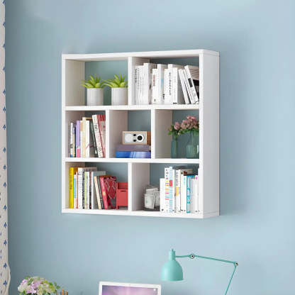 Wall-Mounted Rectangular Bookshelf — Natural Finish / Cube