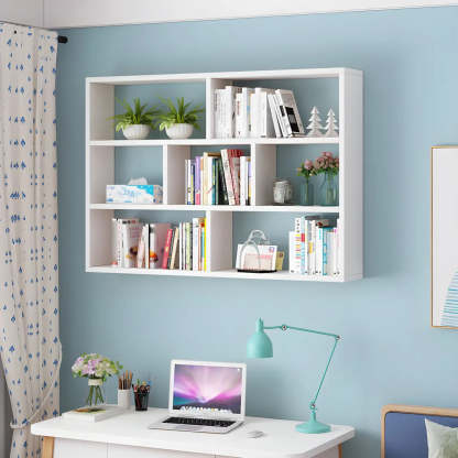 Wall-Mounted Rectangular Bookshelf — Natural Finish / Geometric
