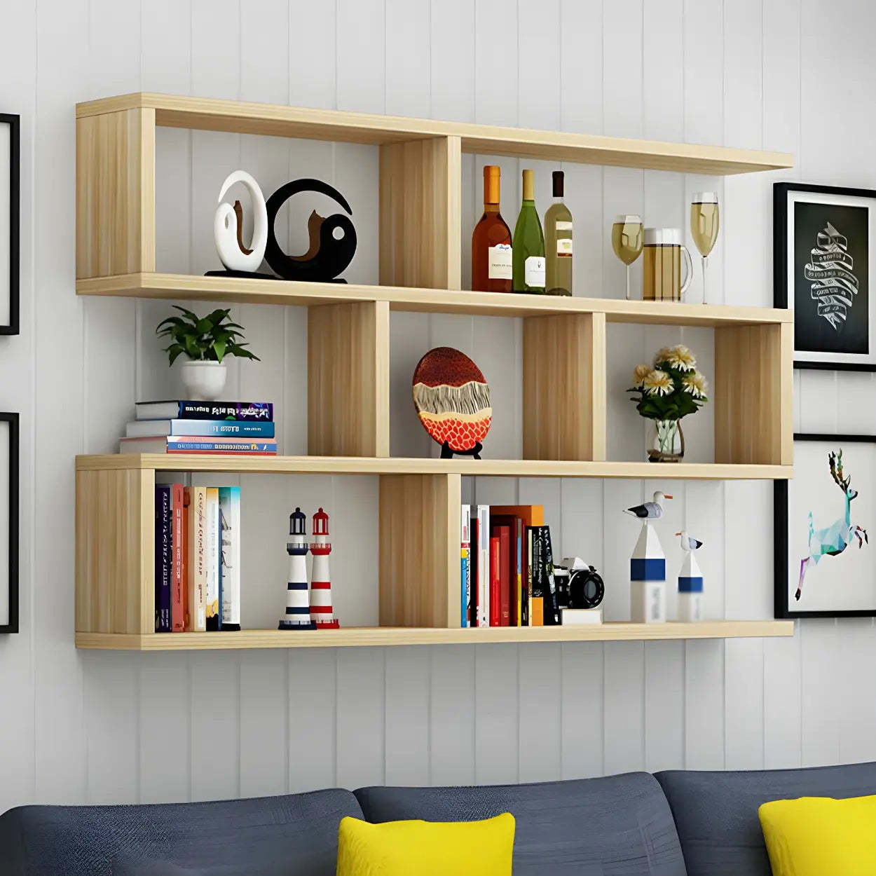 Wall-Mounted Rectangular Bookshelf — Natural Finish / Geometric