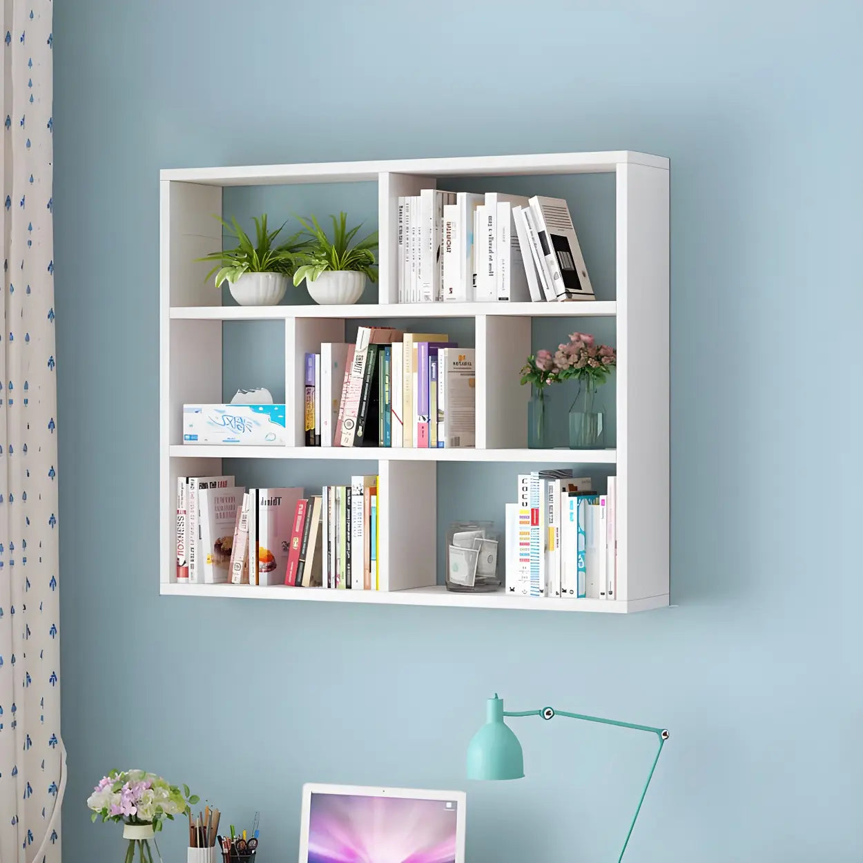 Wall-Mounted Rectangular Bookshelf — Natural Finish / Geometric