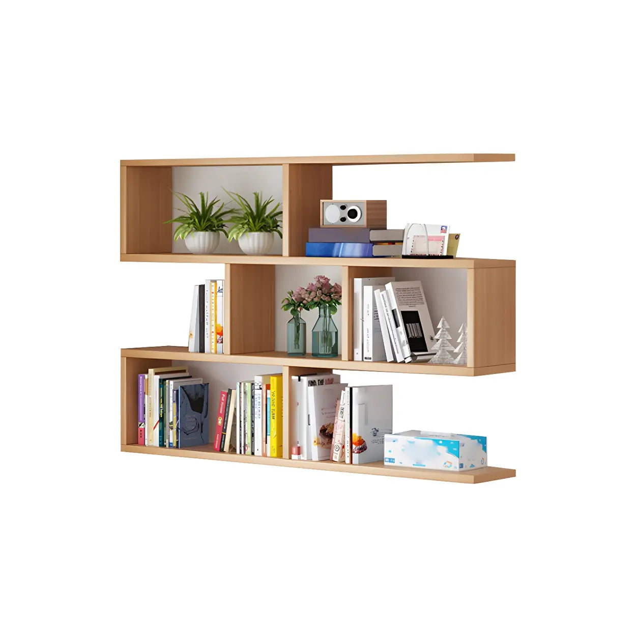 Wall-Mounted Rectangular Bookshelf — Natural Finish / Geometric