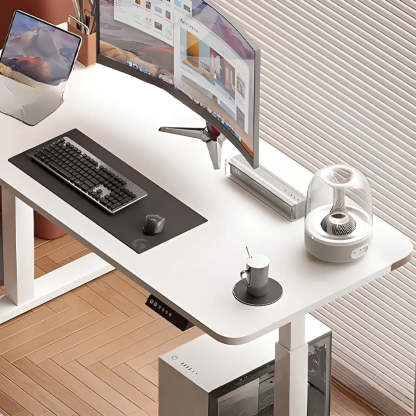 Contemporary White Adjustable T-Shape Standing Desk — Without Chairs / Maple