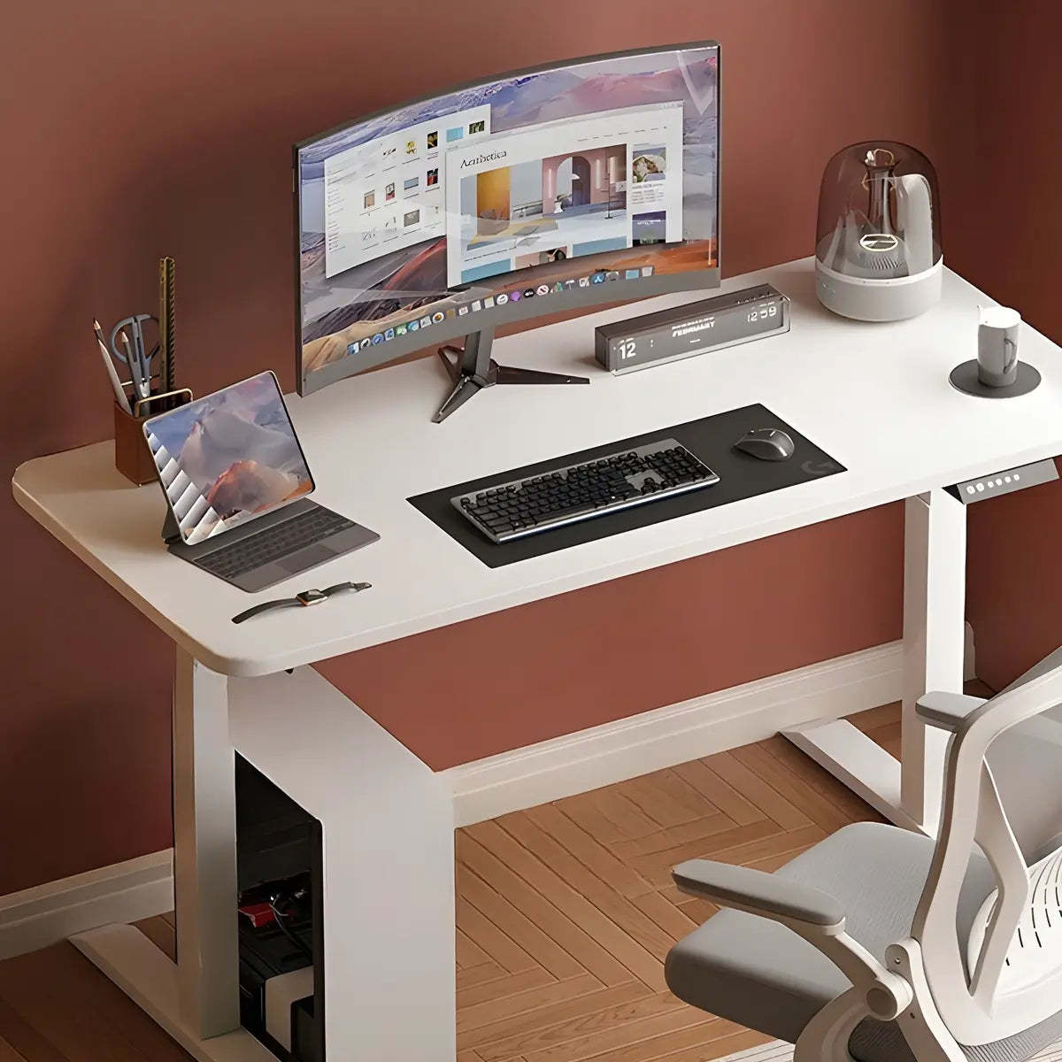 Contemporary White Adjustable T-Shape Standing Desk — Without Chairs / Walnut
