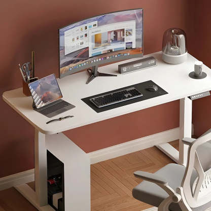 Contemporary White Adjustable T-Shape Standing Desk — Without Chairs / Walnut