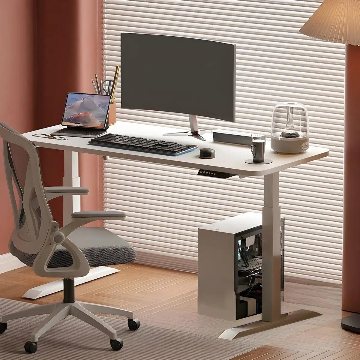 Contemporary White Adjustable T-Shape Standing Desk — Without Chairs / White