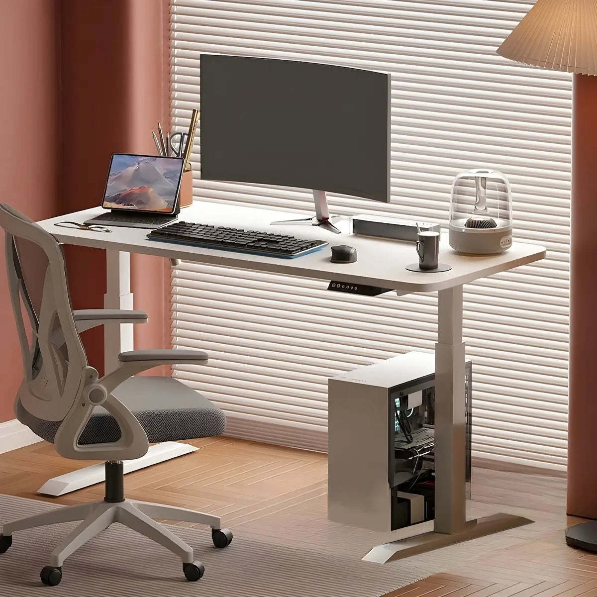 Contemporary White Adjustable T-Shape Standing Desk — Without Chairs / White