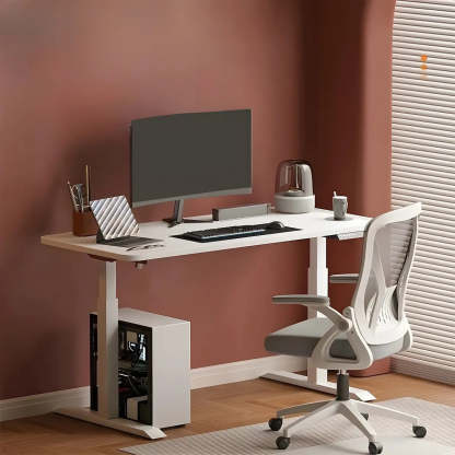 Contemporary White Adjustable T-Shape Standing Desk — Without Chairs / Maple