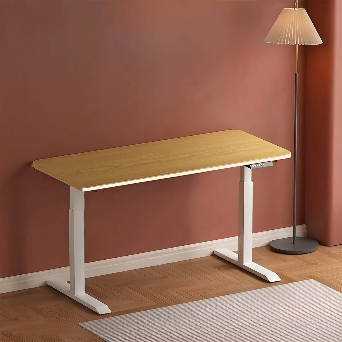 Contemporary White Adjustable T-Shape Standing Desk — Without Chairs / Walnut