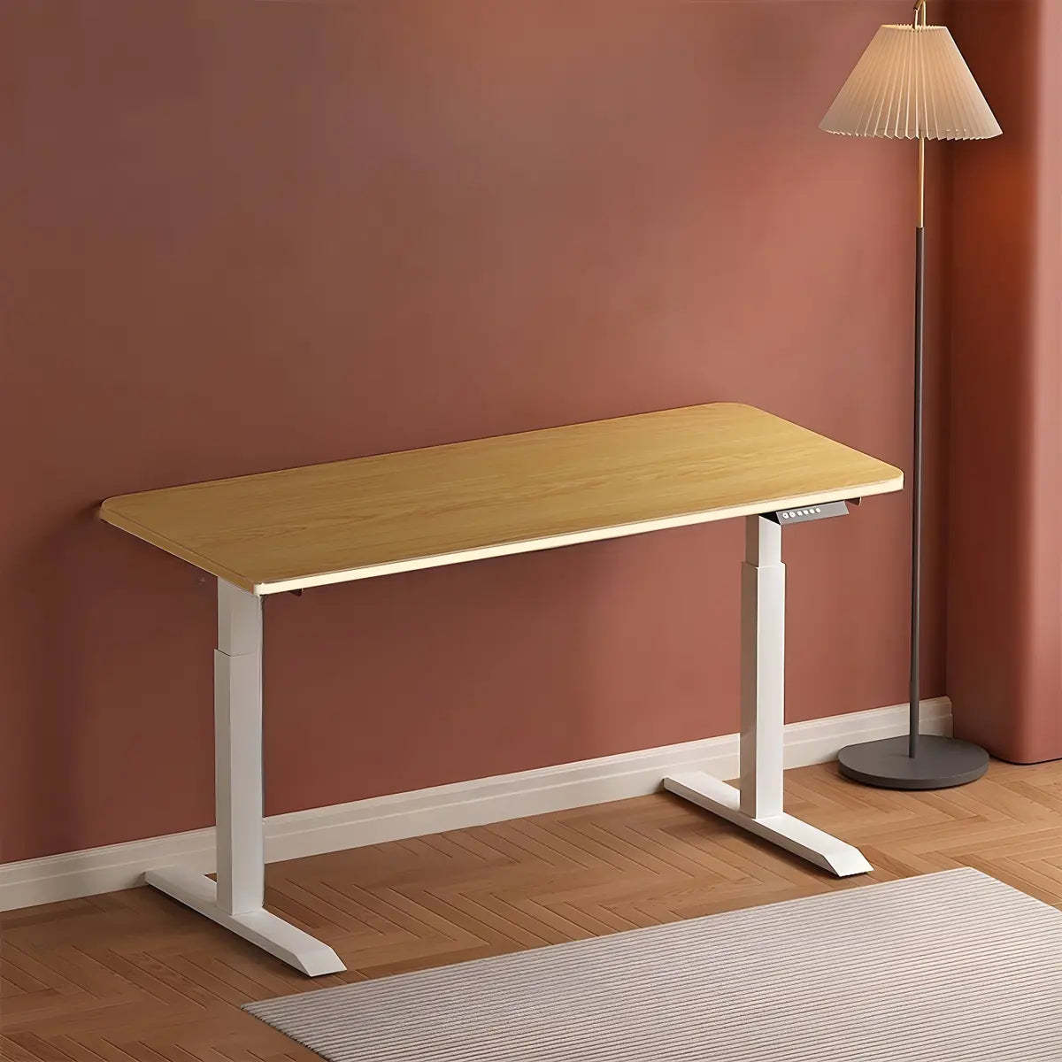 Contemporary White Adjustable T-Shape Standing Desk — Without Chairs / Walnut