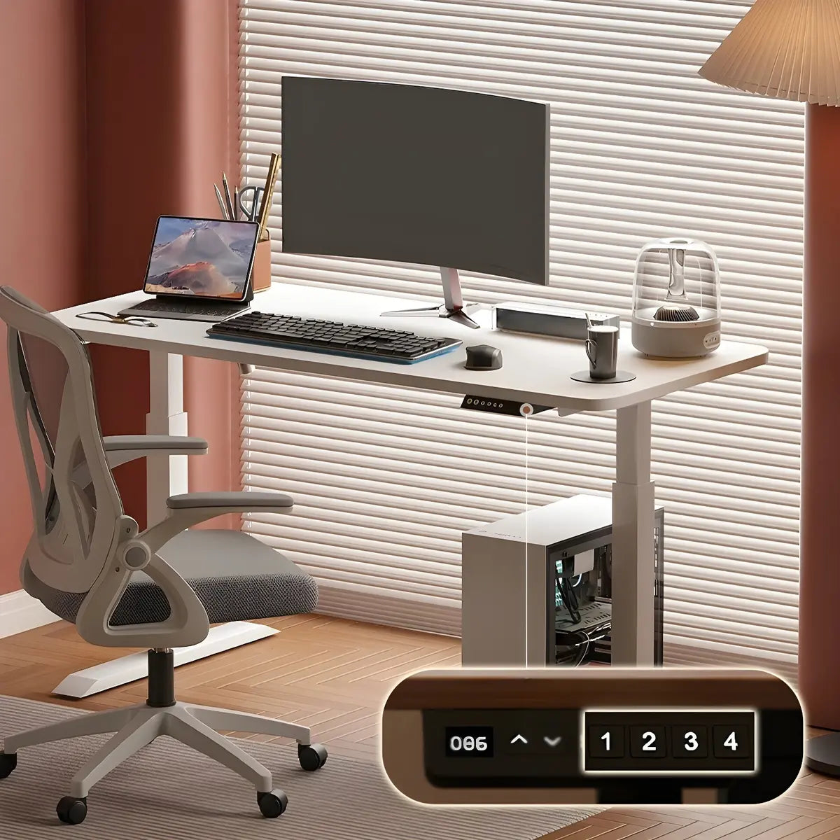 Contemporary White Adjustable T-Shape Standing Desk — Without Chairs / White