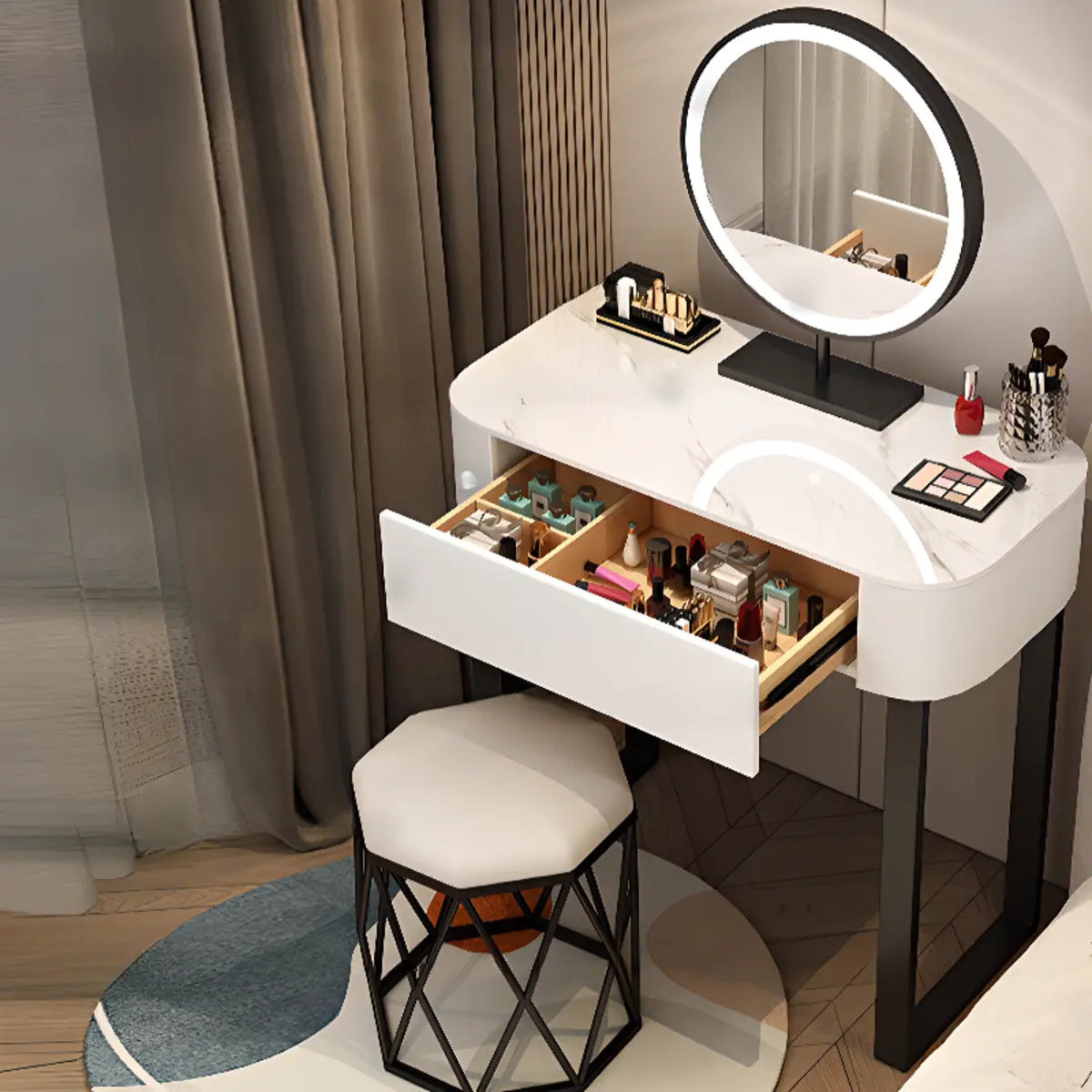Contemporary White Makeup Vanity with LED Mirror — Khaki / Makeup Vanity & Round Stool