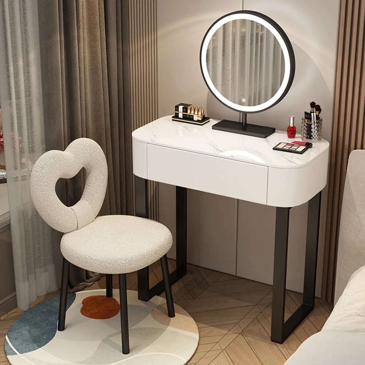 Contemporary White Makeup Vanity with LED Mirror — Khaki / Makeup Vanity & Stool