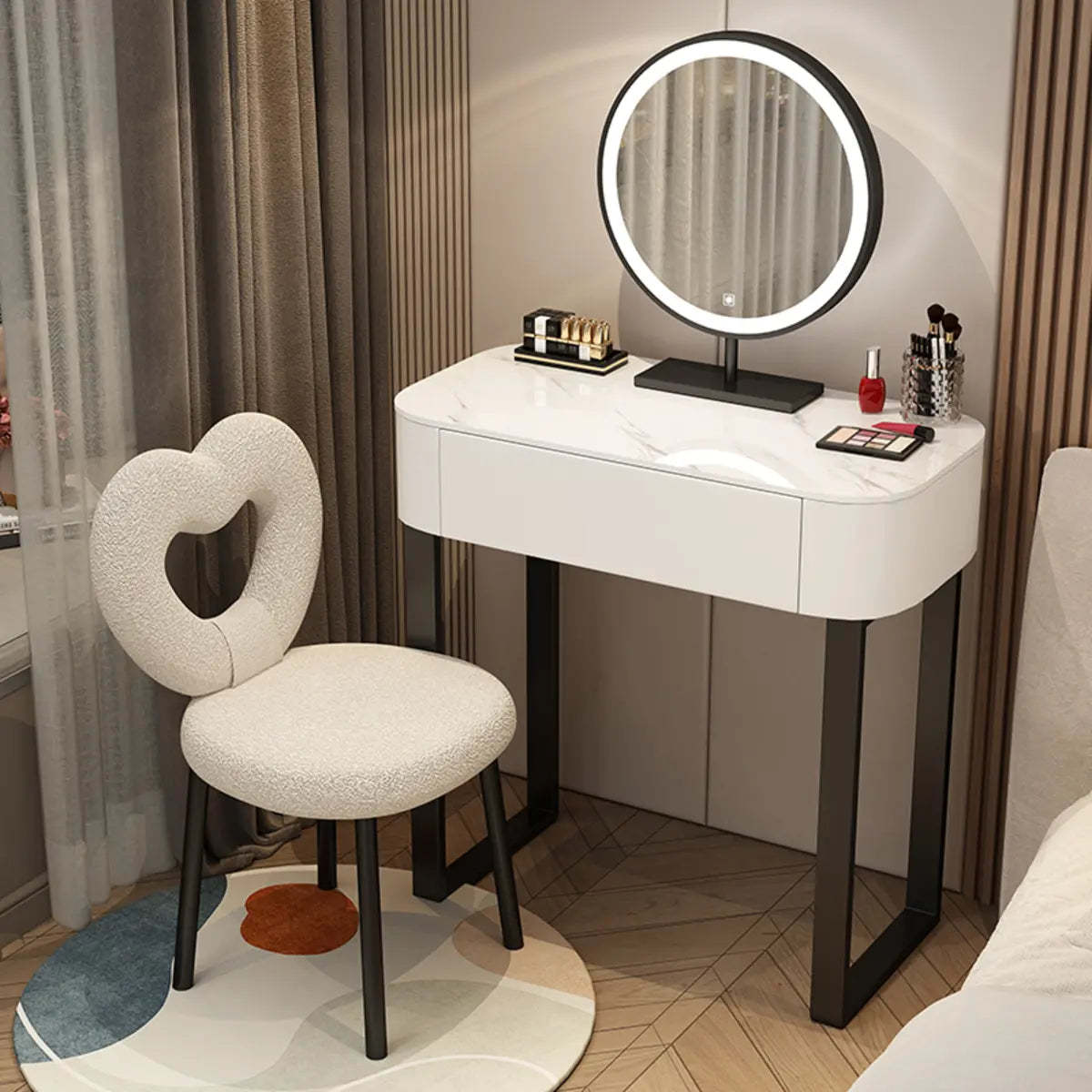 Contemporary White Makeup Vanity with LED Mirror — Khaki / Makeup Vanity & Stool