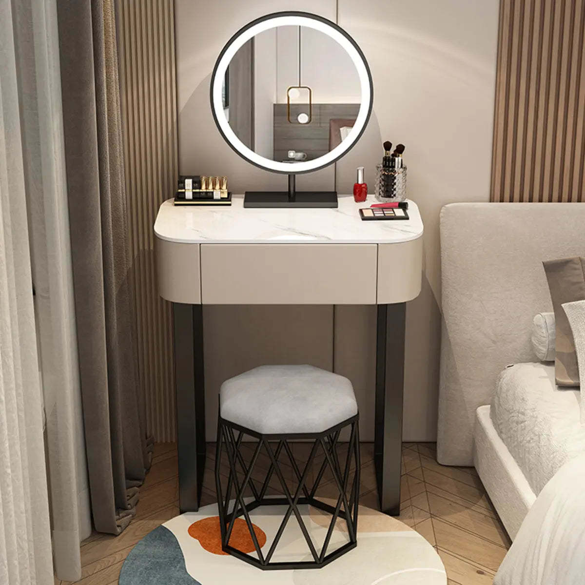 Contemporary White Makeup Vanity with LED Mirror — White / Makeup Vanity & Round Stool