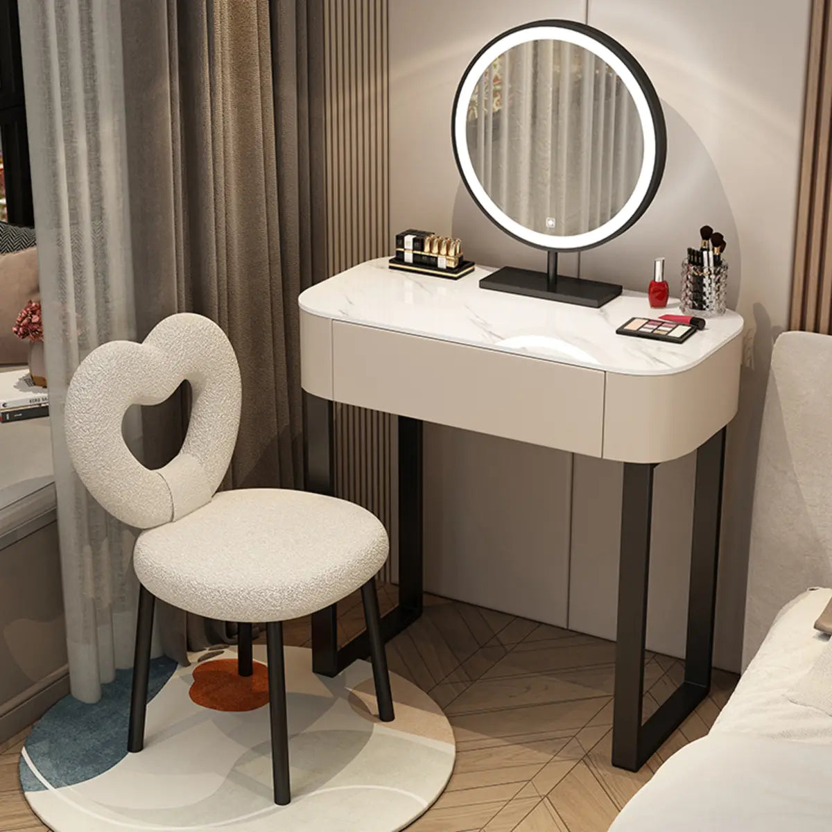 Contemporary White Makeup Vanity with LED Mirror — White / Makeup Vanity & Petal Chair