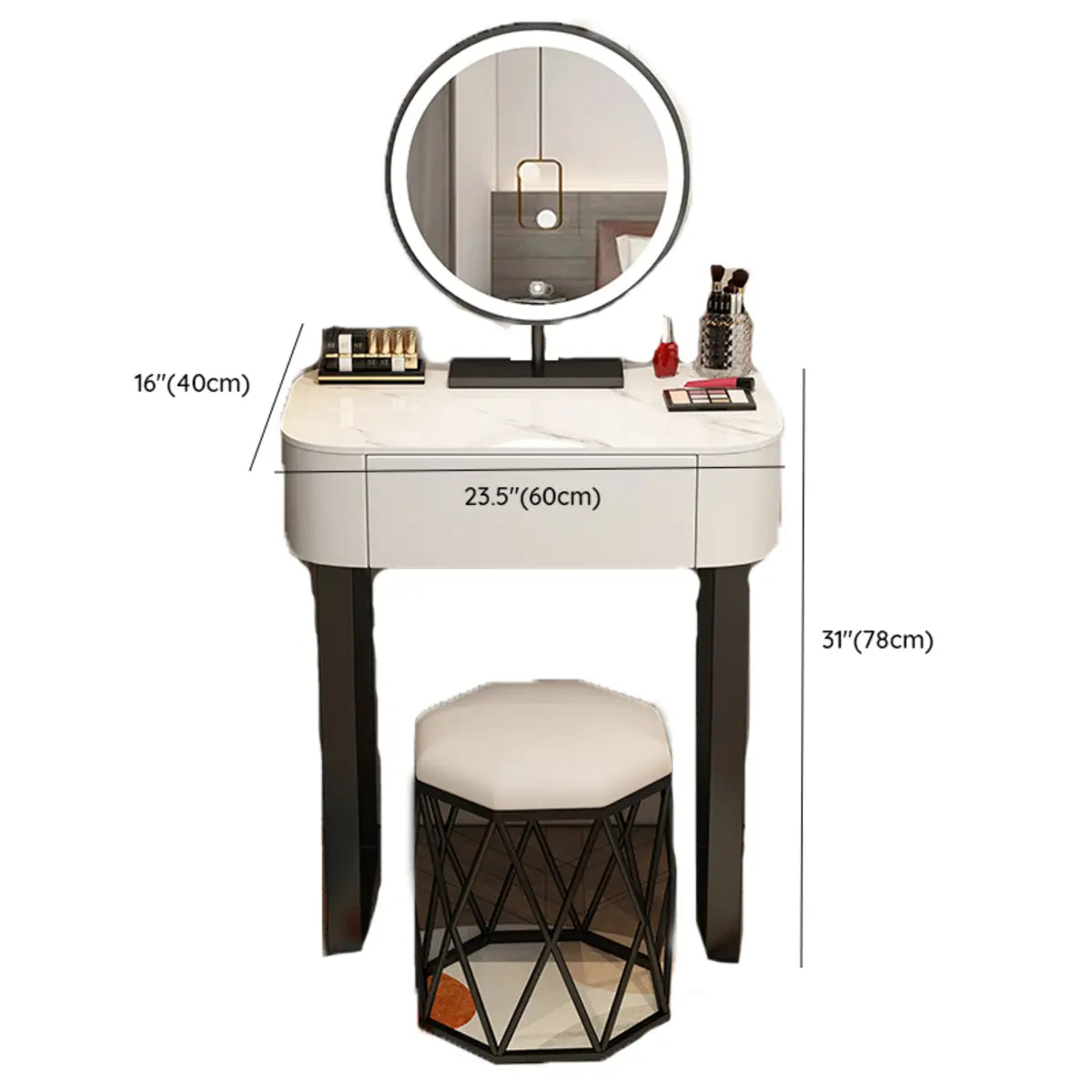 Contemporary White Makeup Vanity with LED Mirror — White / Makeup Vanity & Petal Chair