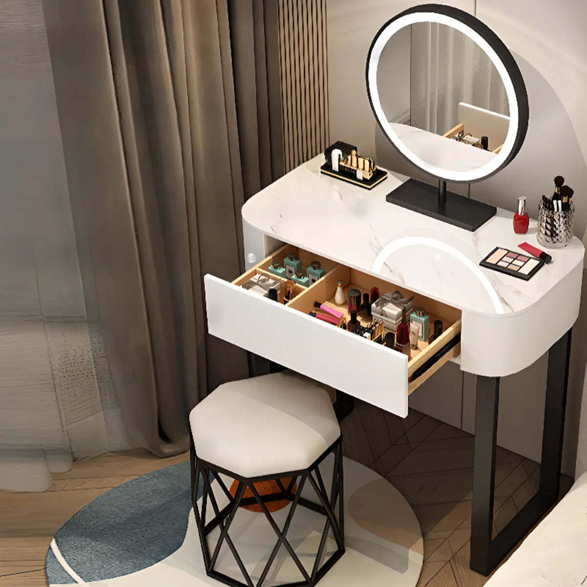 Contemporary White Makeup Vanity with LED Mirror — Khaki / Makeup Vanity & Round Stool