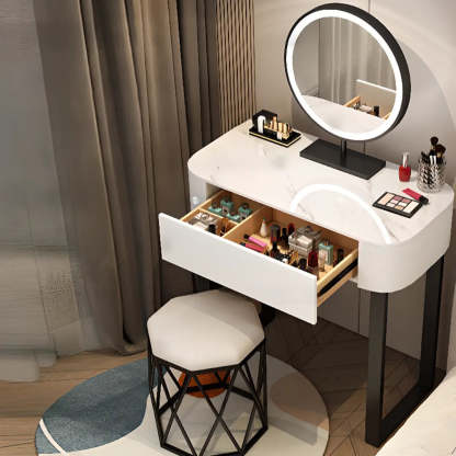 Contemporary White Makeup Vanity with LED Mirror — Khaki / Makeup Vanity & Round Stool