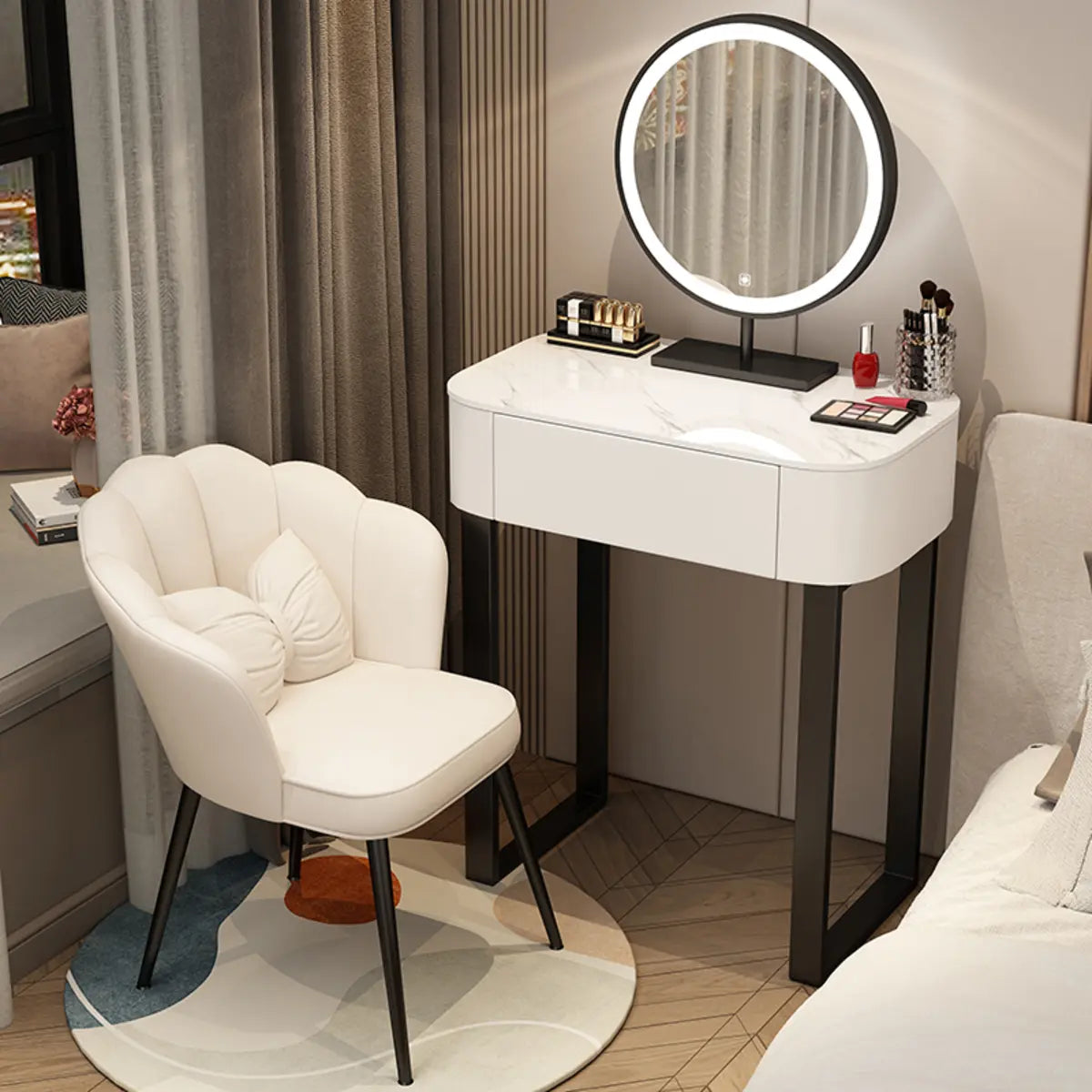 Contemporary White Makeup Vanity with LED Mirror — White / Makeup Vanity & Round Stool