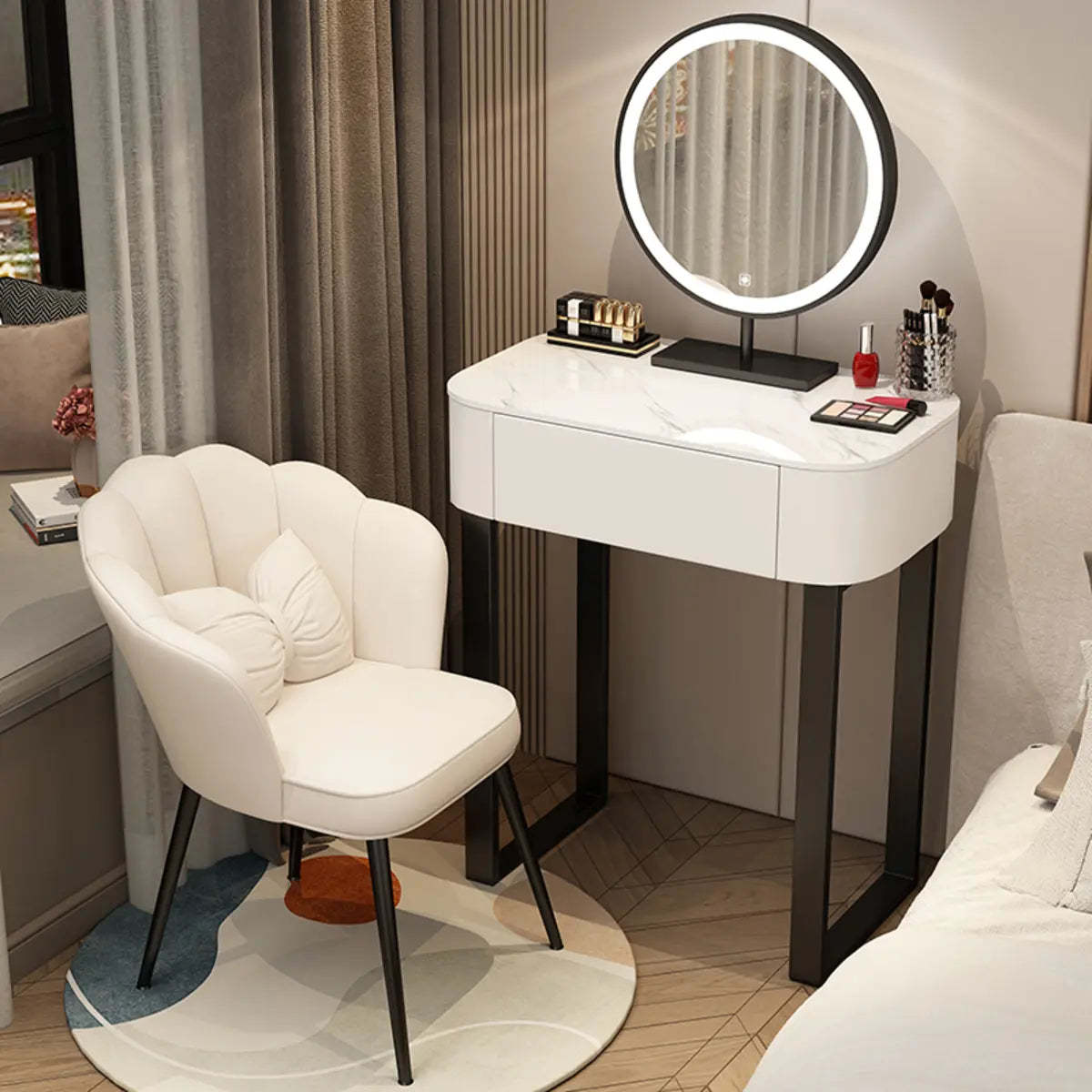 Contemporary White Makeup Vanity with LED Mirror — White / Makeup Vanity & Round Stool