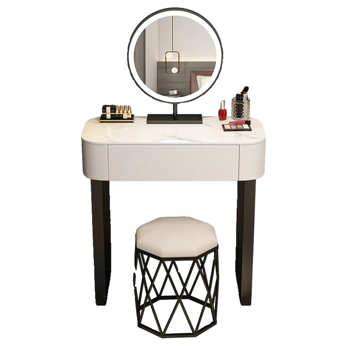 Contemporary White Makeup Vanity with LED Mirror — White / Makeup Vanity & Stool