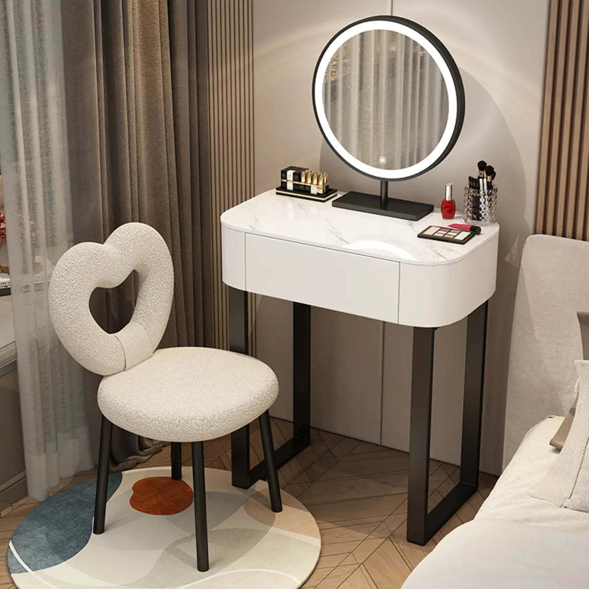 Contemporary White Makeup Vanity with LED Mirror — White / Makeup Vanity & Petal Chair