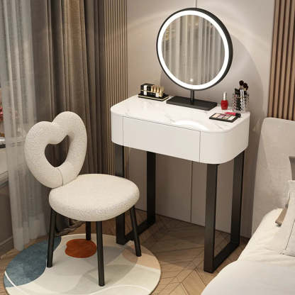 Contemporary White Makeup Vanity with LED Mirror — White / Makeup Vanity & Petal Chair