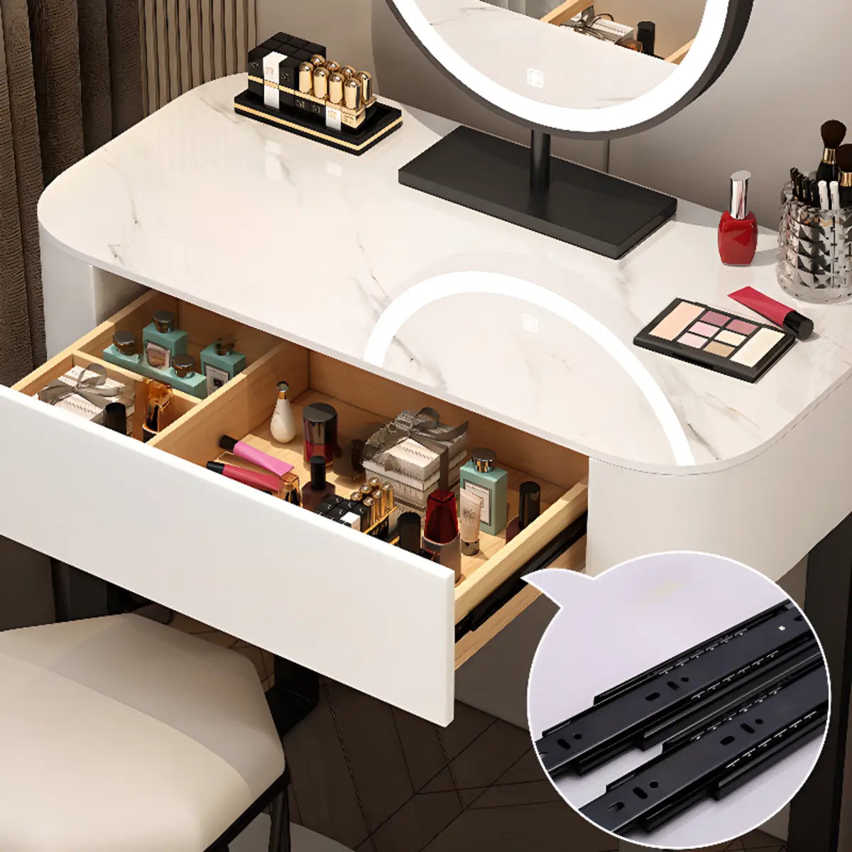Contemporary White Makeup Vanity with LED Mirror — Khaki / Makeup Vanity & Stool