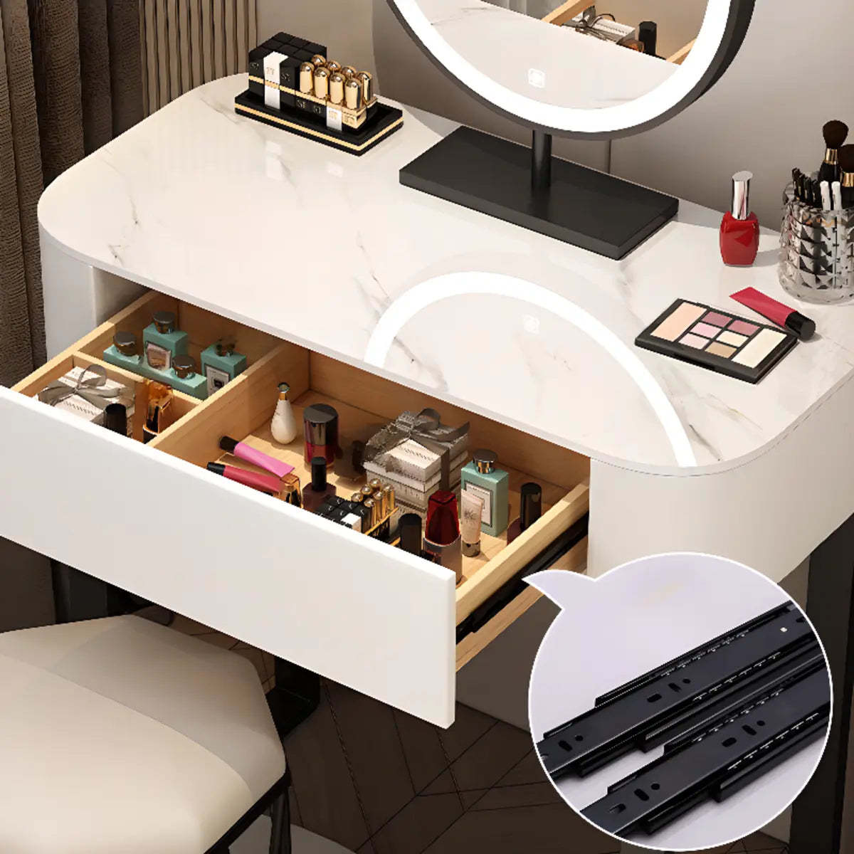 Contemporary White Makeup Vanity with LED Mirror — Khaki / Makeup Vanity & Stool