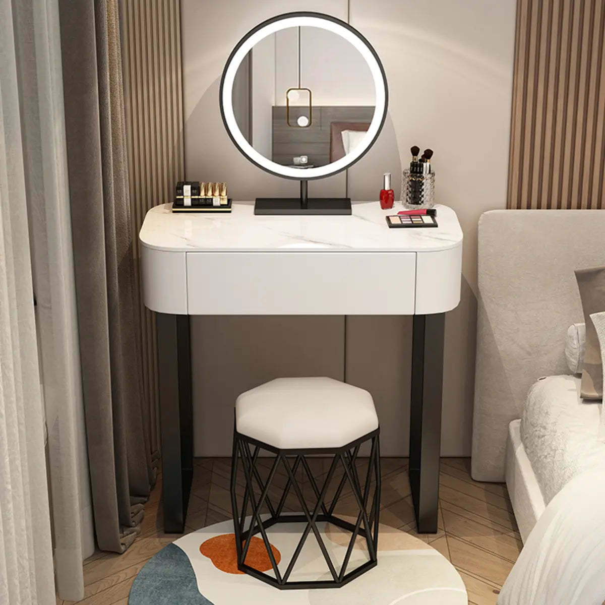 Modern mirror vanity white makeup vanities in metal — 27.5" L x 16" W x 31" H / Makeup Vanity & Round Stool