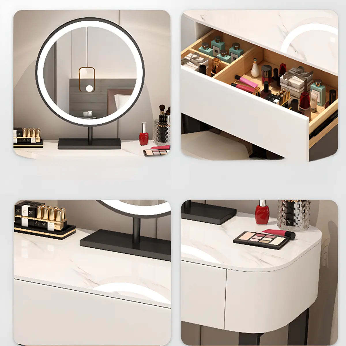 Contemporary White Makeup Vanity with LED Mirror — White / Makeup Vanity & Stool